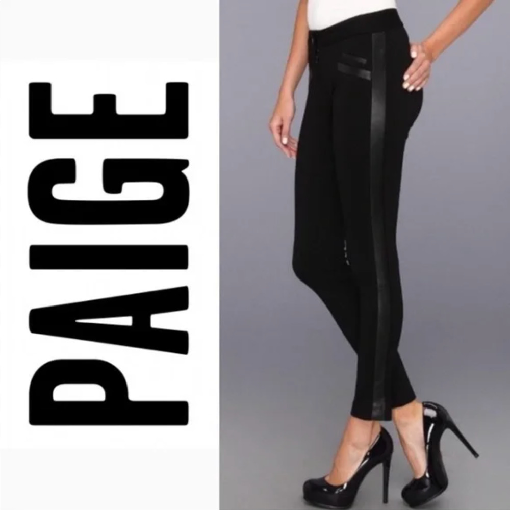 PAIGE Black Ponte Pants with Faux-Leather Side Stripe